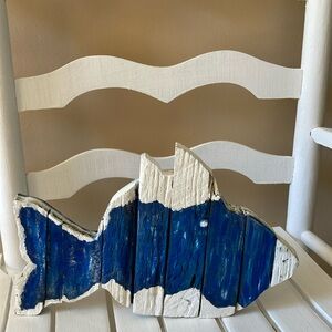 HAND CRAFTED Wood Beach Decor Fish Free Standing Blue and White Repurposed